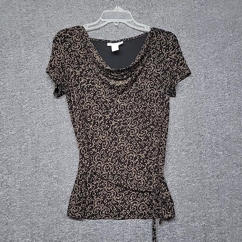 Dress Barn Women's Top Cap Sleeve Gold Floral Scoop Neckline Sz. Large, Belted